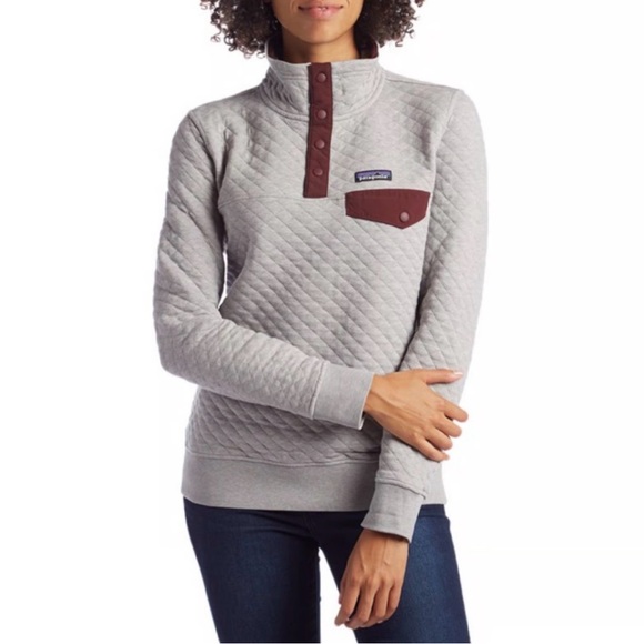 Patagonia Tops - Patagonia Light Gray Quilted Pullover with Burgundy Details